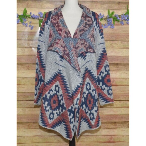 RD Style Ladies Gray Open Front Cardigan Sweater Size L Southwest Aztec Warm - Picture 1 of 13